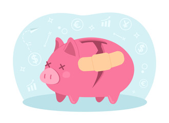 Fixing shattered piggy bank 2D vector isolated spot illustration. Managing money better. Tracking budget flat object on cartoon background. Colorful editable scene for mobile, website, magazine