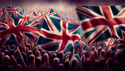 Union Jack flags and crowds outdoors - obrazy, fototapety, plakaty