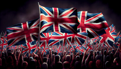 Union Jack flags and crowds outdoors - obrazy, fototapety, plakaty