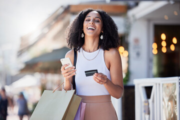 Shopping, credit card and portrait of woman with phone for ecommerce, information or confirmation....