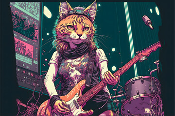 Cat as rock star playing guitar at concert created with generative AI technology. High quality illustration