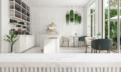Blank white marble counter in modern, luxury design cafe with table, chair, plant in sunlight from window by outdoor garden on white wainscot wall for food, drink, coffee, bakery product background 3D