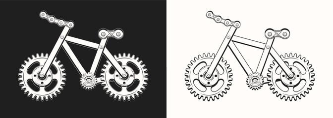 Bicycle made with gears, metal rails, rivets. Monochrome badge for repair bike service in vintage steampunk style. Good for craft design.