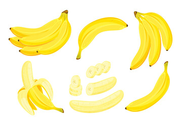 A set of bananas.Bunch of bananas, slices of bananas, peeled banana.Vector illustration.