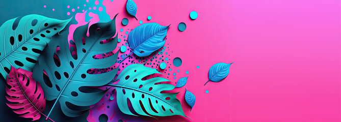 Fototapeta na wymiar Abstract background with tropical leaves in magenta and azure - Generative AI