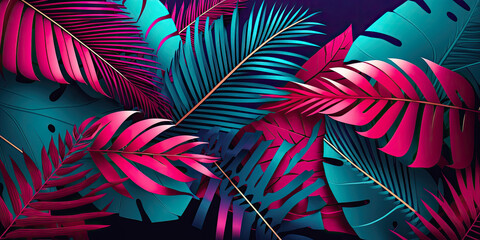 Abstract background with tropical leaves in magenta and azure - Generative AI - obrazy, fototapety, plakaty