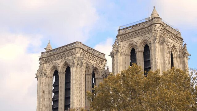 Bell towers of Notre-Dame de Paris cathedral in Autumn 