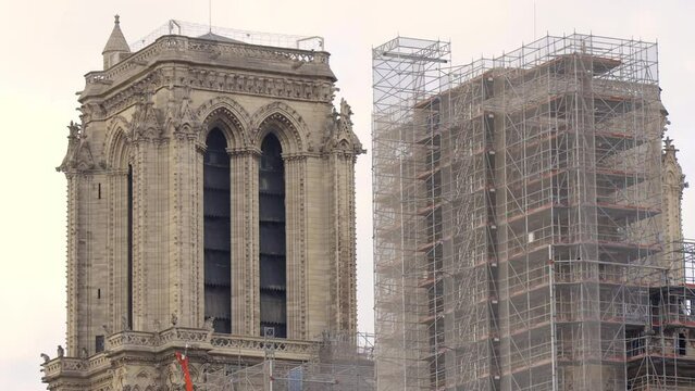 Bell tower and scaffolding of Notre-Dame de Paris cathedral under reconstruction and renovation in Paris, France