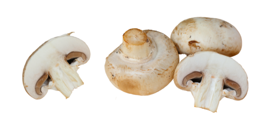 Set of white champignon mushrooms on transparent background. Sliced mushrooms. png