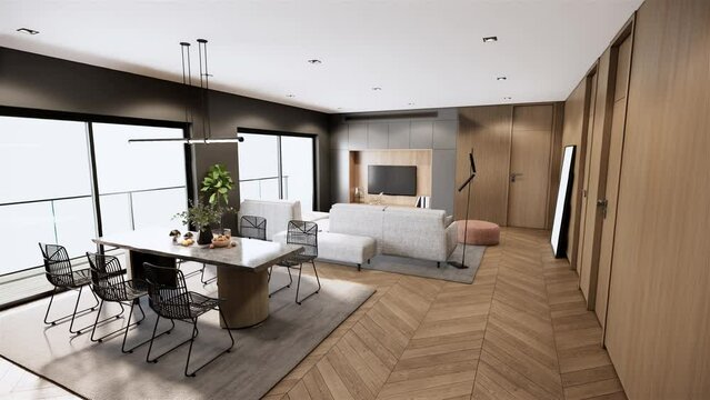 Modern dining room with living room area. Contemporary living room design. 3d visualization rendering animation