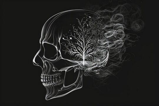Skull of a human being viewed from the side, with a plume of black ink smoke Black Cat Medic Halloween Symbol Poisonous Pirates. Illustration of a conceptual anatomy and medical diagram in abstract fo