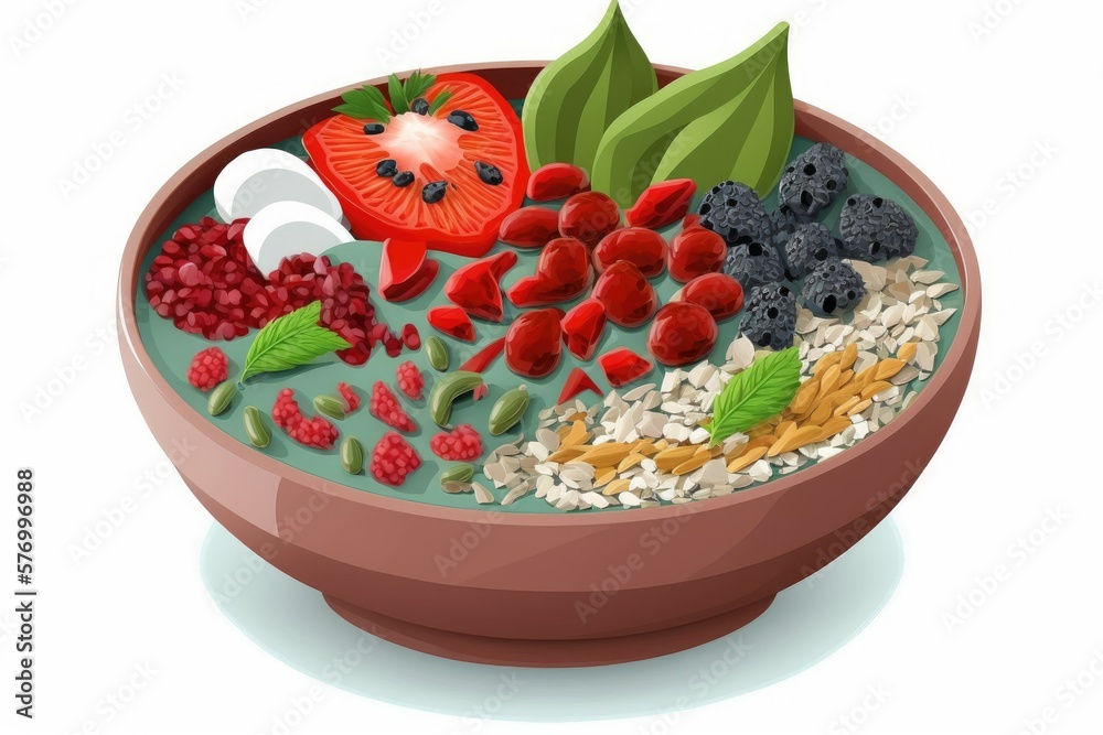 Poster Goji berries, raspberries, blackberries, pumpkin seeds, sunflower seeds, and chia seeds sprinkled atop a bowl of a berry smoothie for breakfast. Generative AI