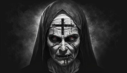 Nun possessed by the devil, the mark of the crucifixion is fixed on her forehead, showing all the power of evil that dwells within her. Generative AI.