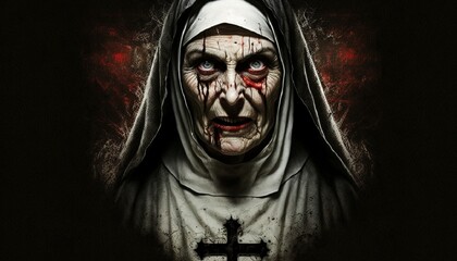 Nun possessed by the devil, the mark of the crucifixion is fixed on her forehead, showing all the power of evil that dwells within her. Generative AI.