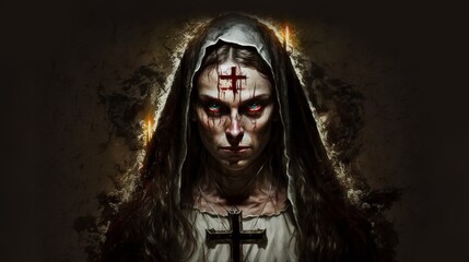 Nun possessed by the devil, the mark of the crucifixion is fixed on her forehead, showing all the power of evil that dwells within her. Generative AI.