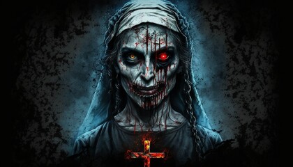 Nun possessed by the devil, the mark of the crucifixion is fixed on her forehead, showing all the power of evil that dwells within her. Generative AI.
