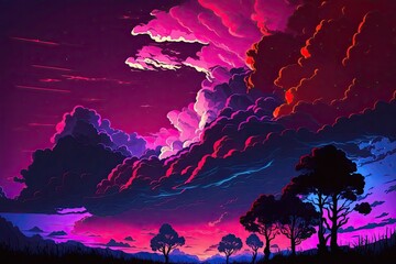Blackout. The clouds were a vivid shade of purple and magenta. Sad gloomy clouds. Sad sunset landscape. We live under some incredible skies on Earth. Time of nightfall or twilight. Generative AI