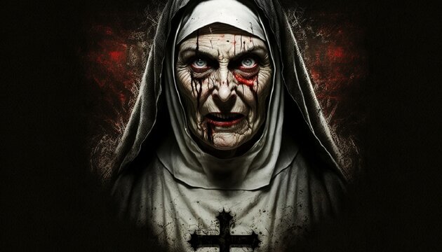 Nun possessed by the devil, the mark of the crucifixion is fixed on her forehead, showing all the power of evil that dwells within her. Generative AI.