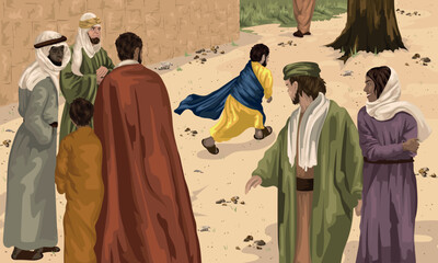 Zacchaeus running ahead to the sycamore fig tree.  Biblical illustration as told in Luke 19:4