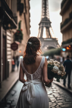 Capturing the Magic of Paris: Stunning Girl bride with Bouquet and Eiffel Tower at sunset ai generative