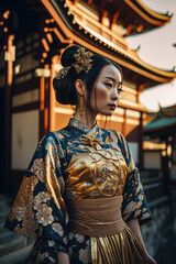 Fototapeta premium A Geisha's Elegance: Vibrant Dress and Gold Embroidery Stands before Japanese Temple ai generative