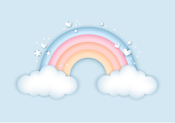 3d baby shower, rainbow with clouds for kids design in pastel colors. Cute vector illustration in realistic style.