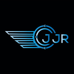 JJR letter logo. JJR blue vector image on black background. JJR technology Monogram logo design and best business icon.
