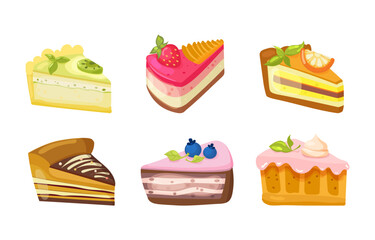 Sweet cakes slices isolated on white background. Set of cakes