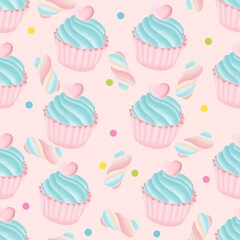 Seamless pattern heart cupcakes and marshmallows in pastel style.