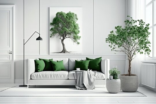 Mockup of a classic living area with a grey sofa and green throw pillows, an olive tree in a wicker basket, and a floor lamp against a white wall. Generative AI