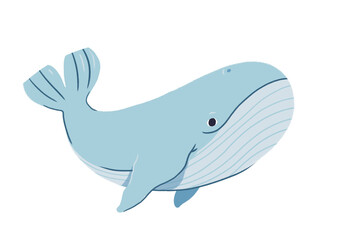 Illustration d'une baleine sur fond transparent, dessin animé mignon style enfant, mammifère marin, animal de la mer et de l'océan, poisson bleu 