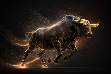 charging bull surrounded by golden_light_particles running. Stockmarket with bullmarket picture - obrazy, fototapety, plakaty