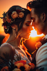 Eternal couple Love: Capturing the Perfect Wedding Kiss at Sunset ai generative