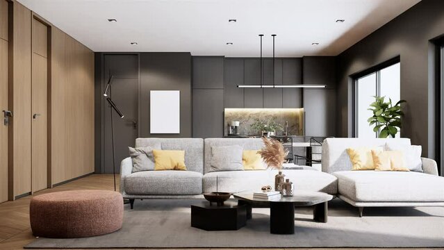 Contemporary interior design of the apartment stylish. interior of black kitchen-living room. 3d visualization rendering animation