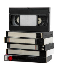 Pile of VHS video cassettes. Vintage media. Isolate on a white back. - obrazy, fototapety, plakaty