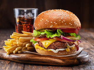 Tasty cheeseburger, glass of cola and french fries on wooden tray close-up.