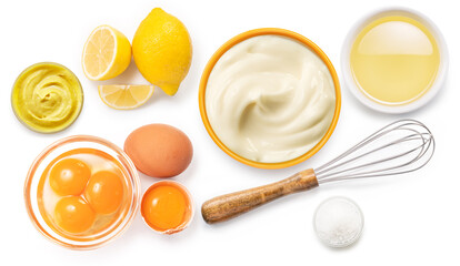 Homemade mayonnaise and mayo ingredients on white background. Flat lay.