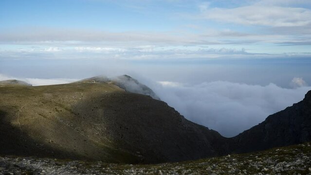 Timelapse clouds moving Mountain Olympus Kakalos refuge Shelter Greece  Sunset