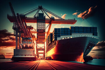 Cargo sea port with cargo freight ships, harbour port cranes Generative AI - obrazy, fototapety, plakaty