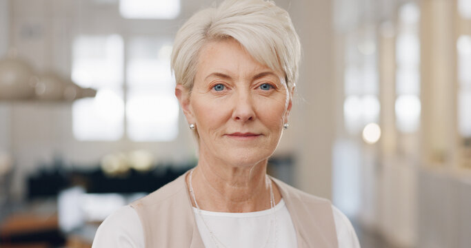 Elderly Woman, Face And Smile With Arms Crossed For Corporate Leadership, Management Or Vision At Office. Portrait Of Confident Senior Female CEO Manager Smiling With Crossed Arms For Career Startup