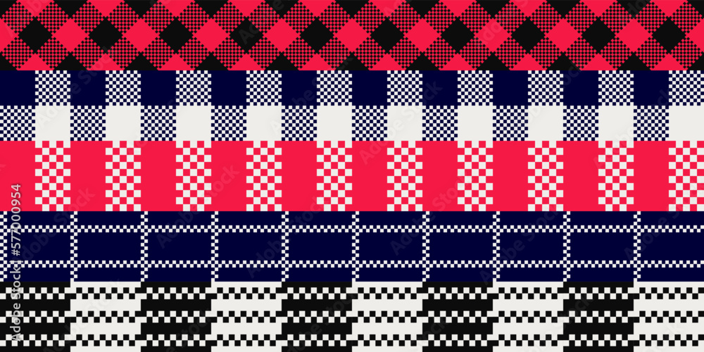 Poster Small cellular pattern, set. Seamless black and white, blue and red plaid pattern. Print for seamless vector surfaces. Set of plaid checkered pattern.