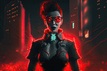 Cyborg woman from science fiction with glowing red glasses and a black metal outfit, standing on a city street at night. Army of the future concept illustration. Generative AI