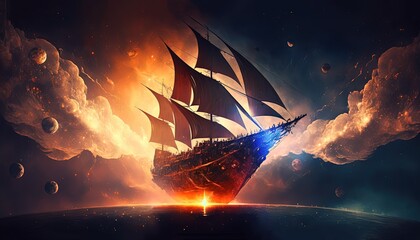 sci-fi pirate ship sailing to the horizon, Generative Ai