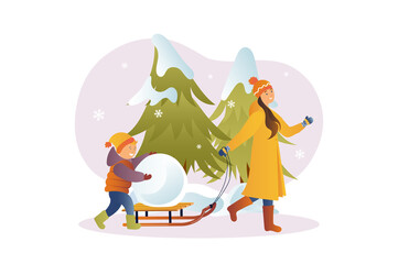 Concept Winter with people scene in the flat cartoon style. Mother and son playing snowballs and having fun during a winter walk.