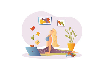 Fitness concept with people scene in the flat cartoon style. Blogger records video about physical exercises to keep the body in good shape.