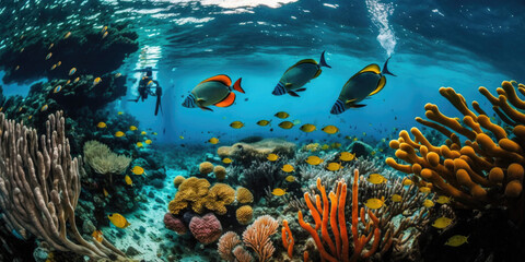 Fototapeta na wymiar Discovering the Exotic Underwater World of the Caribbean Coral Reefs, Snorkeling underwater world full of Vibrant Marine Life ai generative
