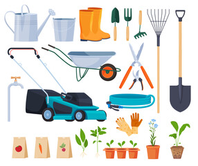 Garden tools and seedlings. Caring for a beautiful and well-kept home territory, a garden, a vegetable garden, a flower bed. Vector illustration