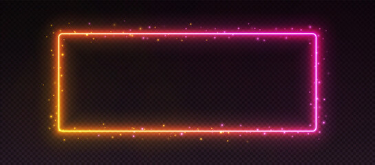 Gradient neon frame, glowing border with sparkles, led pink-yellow rectangle. Modern futuristic outline, tropical banner with pink and orange colors. Design UI element. Vector illustration.