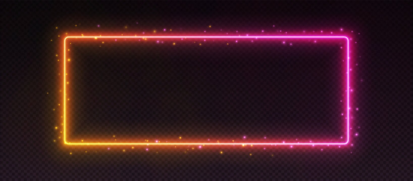 Gradient neon frame, glowing border with sparkles, led pink-yellow rectangle. Modern futuristic outline, tropical banner with pink and orange colors. Design UI element. Vector illustration.