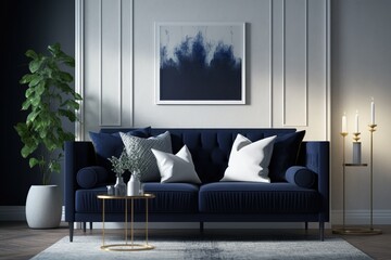 Dark blue sofa, table, and accents in a mockup of a contemporary home's living room. Generative AI